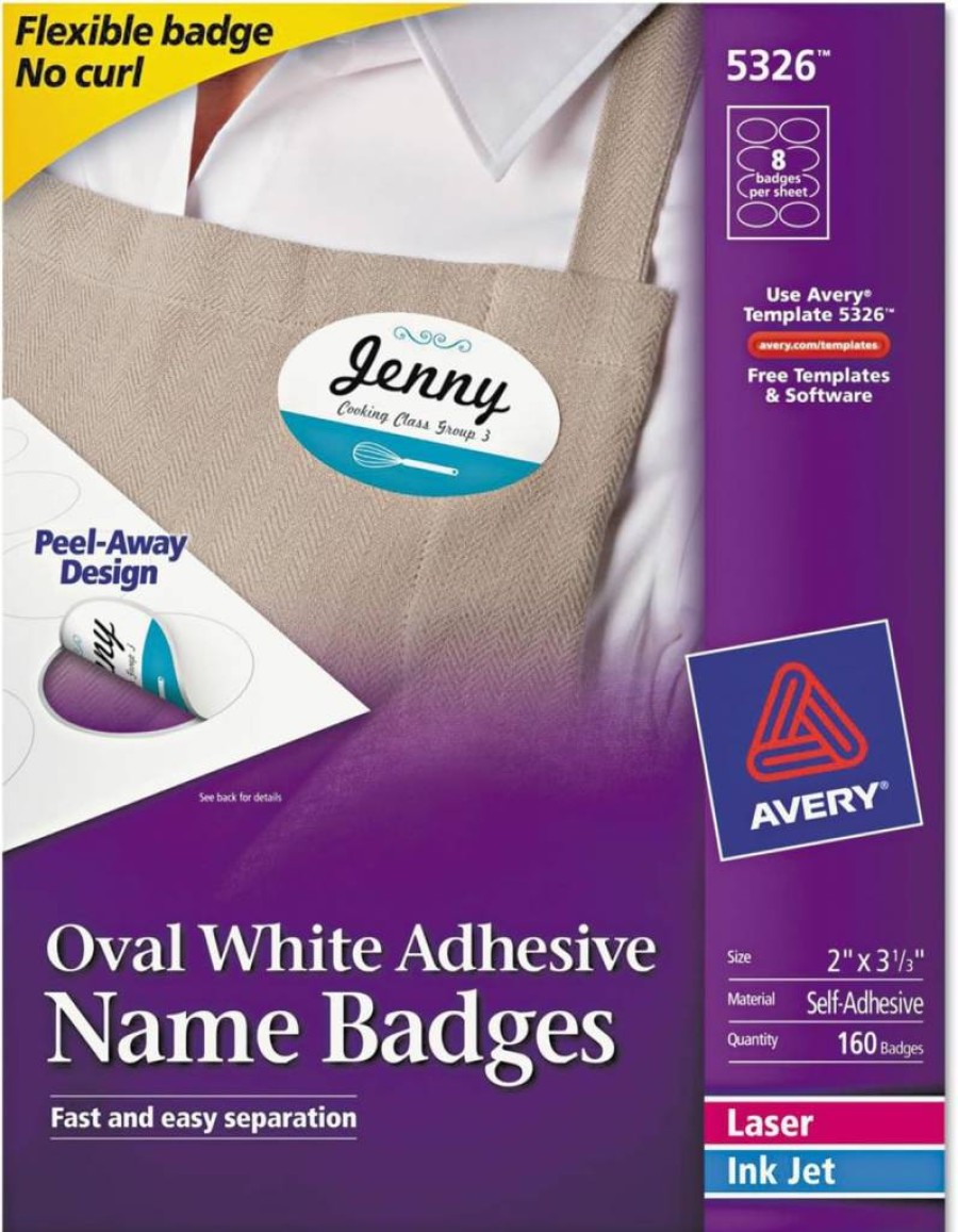 Avery 5326 White Oval Adhesive Name Badges, 2" x 3.25", 160-Pack, Self-Stick Labels for Events & Offices