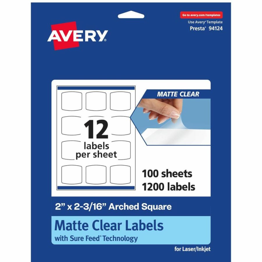 Avery Matte Clear Square Labels 2" x 2-3/16" - 120 Pack, Sure Feed Technology, Laser/Inkjet Printable, Print-to-Edge, Arch Design