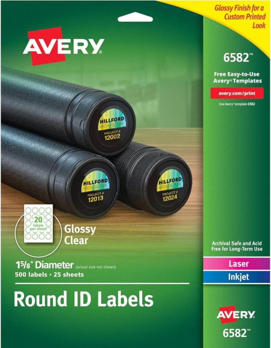 Avery 6582 Round Permanent Adhesive ID Labels, 1-5/8" Diameter, Glossy Clear Finish, Sure Feed Technology, 5-Pack