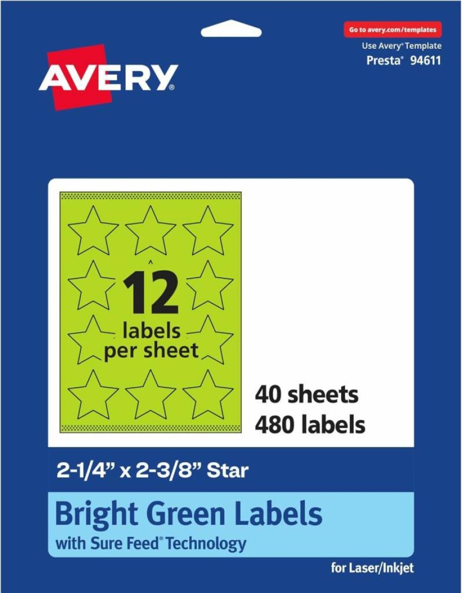 Avery Bright Green Printable Star Labels, 2-1/4" x 2-3/8", Sure Feed Technology, 120-Pack for Laser/Inkjet Printing, Ideal for Reward Stickers & Mailing Seals