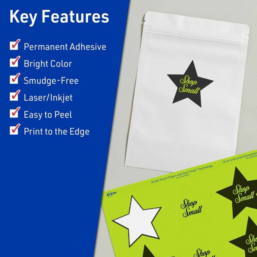 Avery Bright Green Printable Star Labels, 2-1/4" x 2-3/8", Sure Feed Technology, 120-Pack for Laser/Inkjet Printing, Ideal for Reward Stickers & Mailing Seals