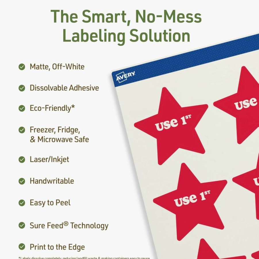 AVERY Dissolvable Star Labels, 2-1/4" x 2-3/8" Matte White, Laser/Inkjet Printable, Sure Feed Technology, 300 Adhesive Labels for Easy Removal