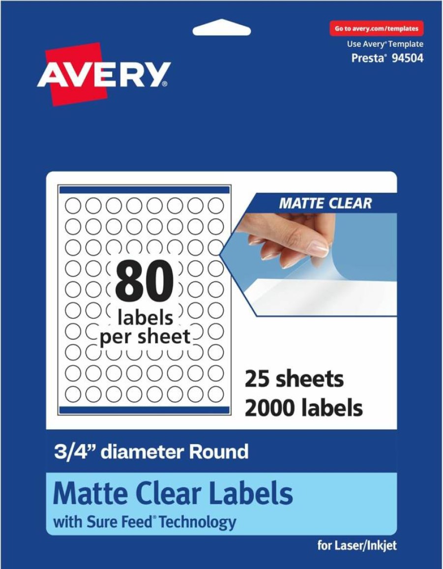 Avery Matte Clear Round Labels 0.75" - 800 Pack, Sure Feed Technology, Print-To-The-Edge, Laser/Inkjet Printable, Waterproof Matte Finish