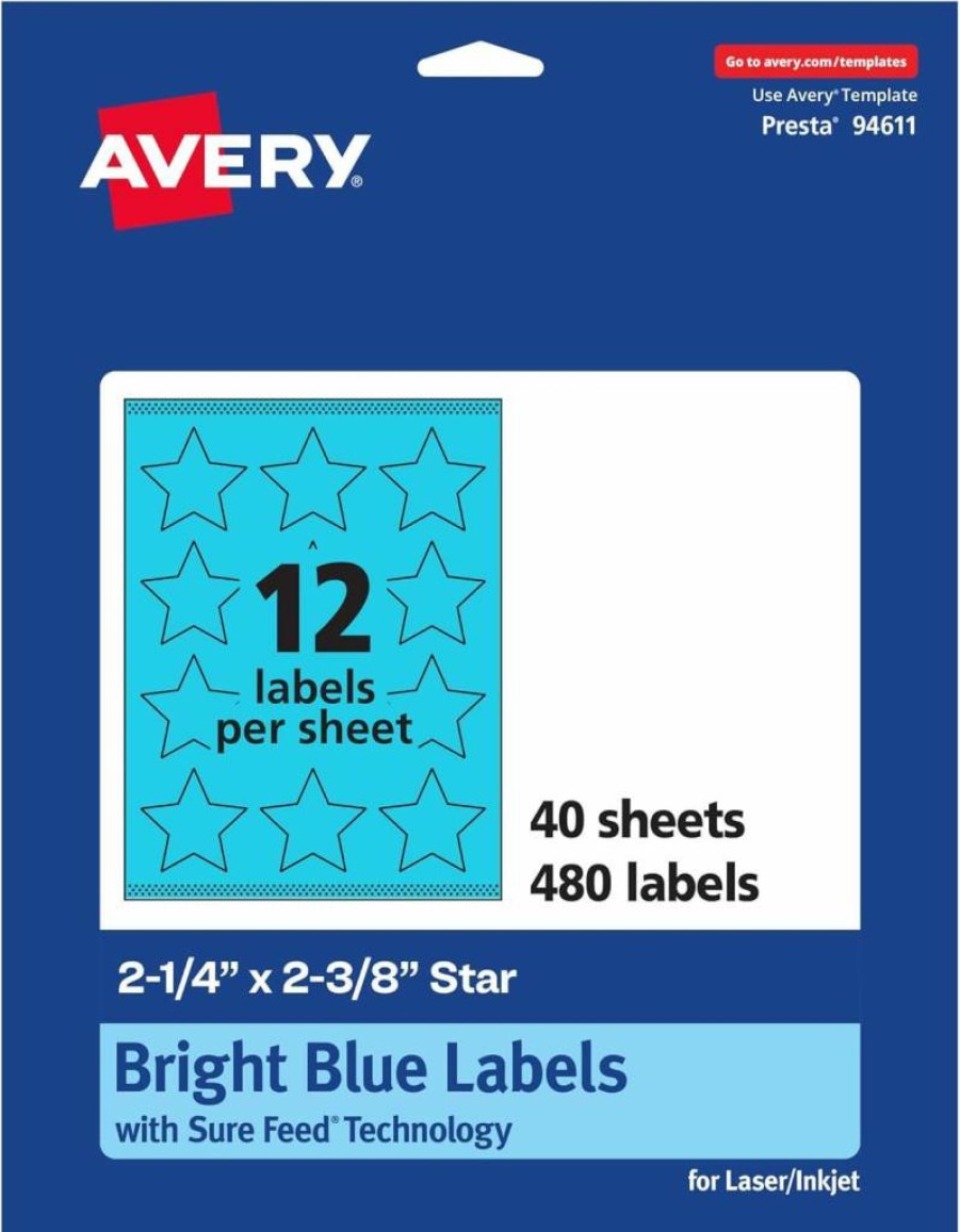 AVERY Bright Blue Printable Star Labels, 2-1/4" X 2-3/8", Sure Feed Technology, 120 Pack for Laser/Inkjet Printing, Perfect for Reward Stickers & Mailing Seals