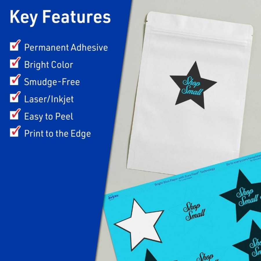 AVERY Bright Blue Printable Star Labels, 2-1/4" X 2-3/8", Sure Feed Technology, 120 Pack for Laser/Inkjet Printing, Perfect for Reward Stickers & Mailing Seals