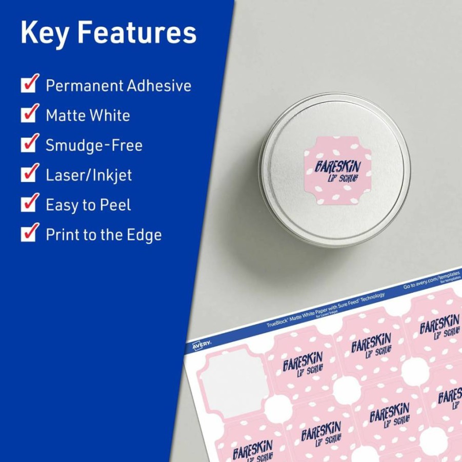 AVERY Trueblock Matte White Scalloped Labels 1-5/8" x 1-5/8" - 200 Pack, Sure Feed Technology, Print-to-Edge for Laser/Inkjet, Ideal for Product & Packaging Labels