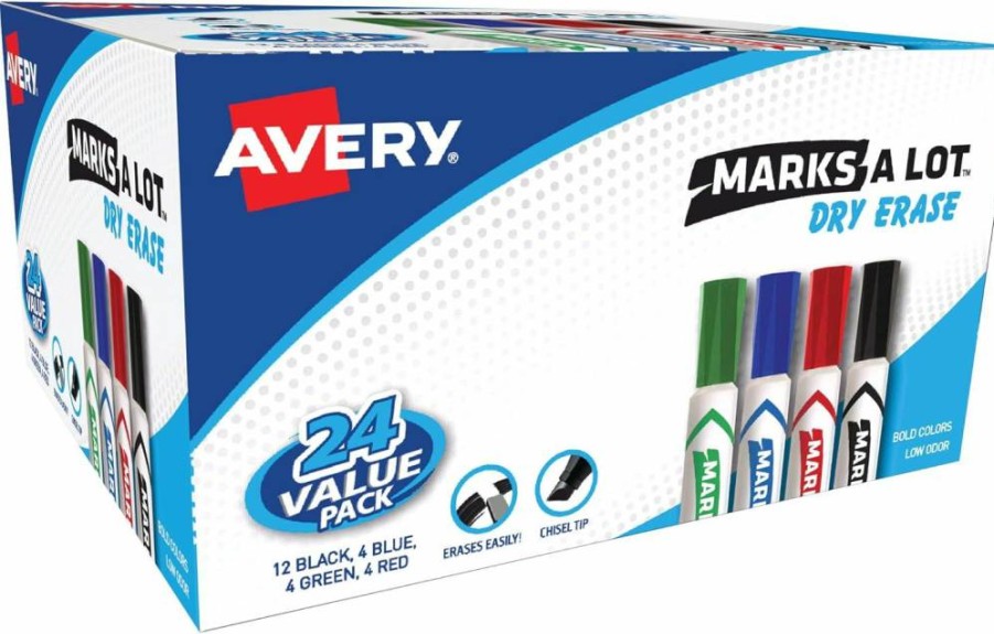 Marks-A-Lot Dry Erase Markers Value Pack - 24 Assorted Colors, Chisel Tip White Board Markers for Classroom, Office & Home Use (98188)