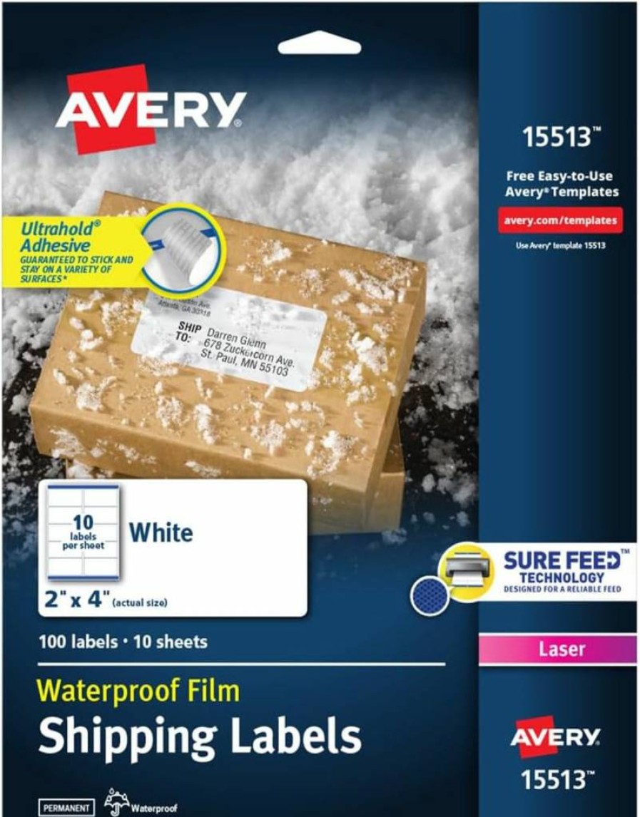 Avery 15513 Waterproof Printable Shipping Labels 2" x 4" White 100 Sheets Sure Feed for Laser/Inkjet Printers Mailing Address Stickers