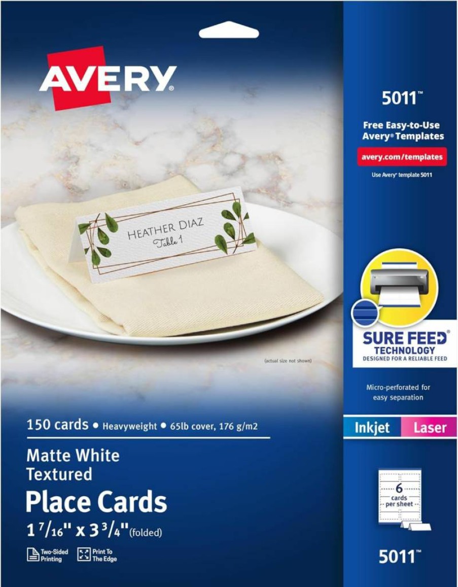 Avery 5011 Matte White Printable Place Cards, 1-7/16" x 3-3/4", 150 Blank Tent Cards with Sure Feed Technology for Laser & Inkjet Printers