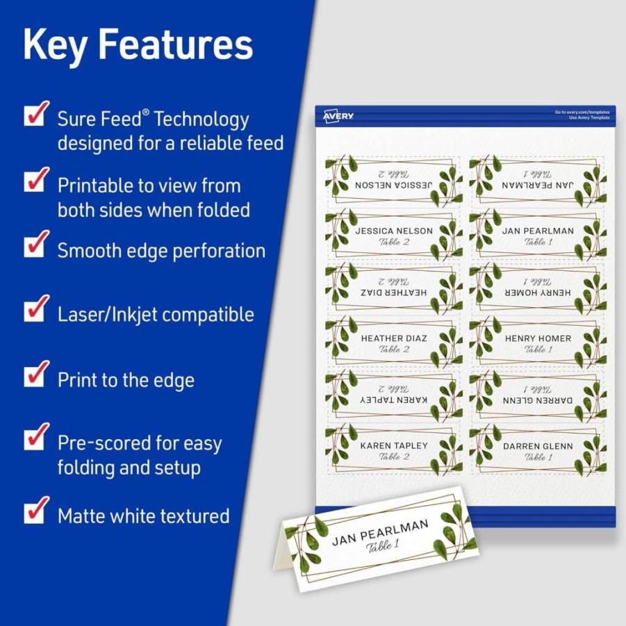 Avery 5011 Matte White Printable Place Cards, 1-7/16" x 3-3/4", 150 Blank Tent Cards with Sure Feed Technology for Laser & Inkjet Printers