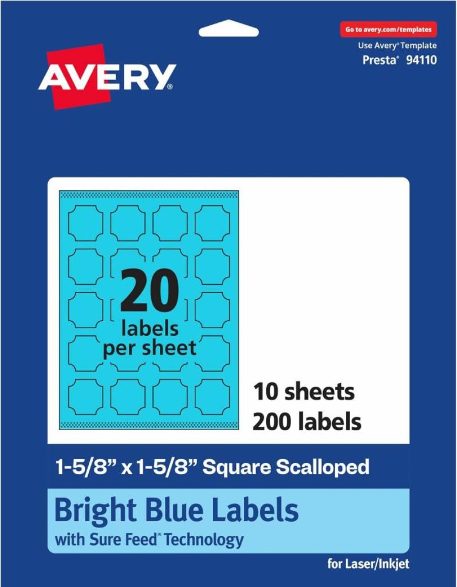 AVERY Bright Blue 1-5/8" Square Scalloped Labels - 200 Pack, Sure Feed for Laser/Inkjet, Print-to-Edge for Cosmetics & Jars, Printable Adhesive Stickers
