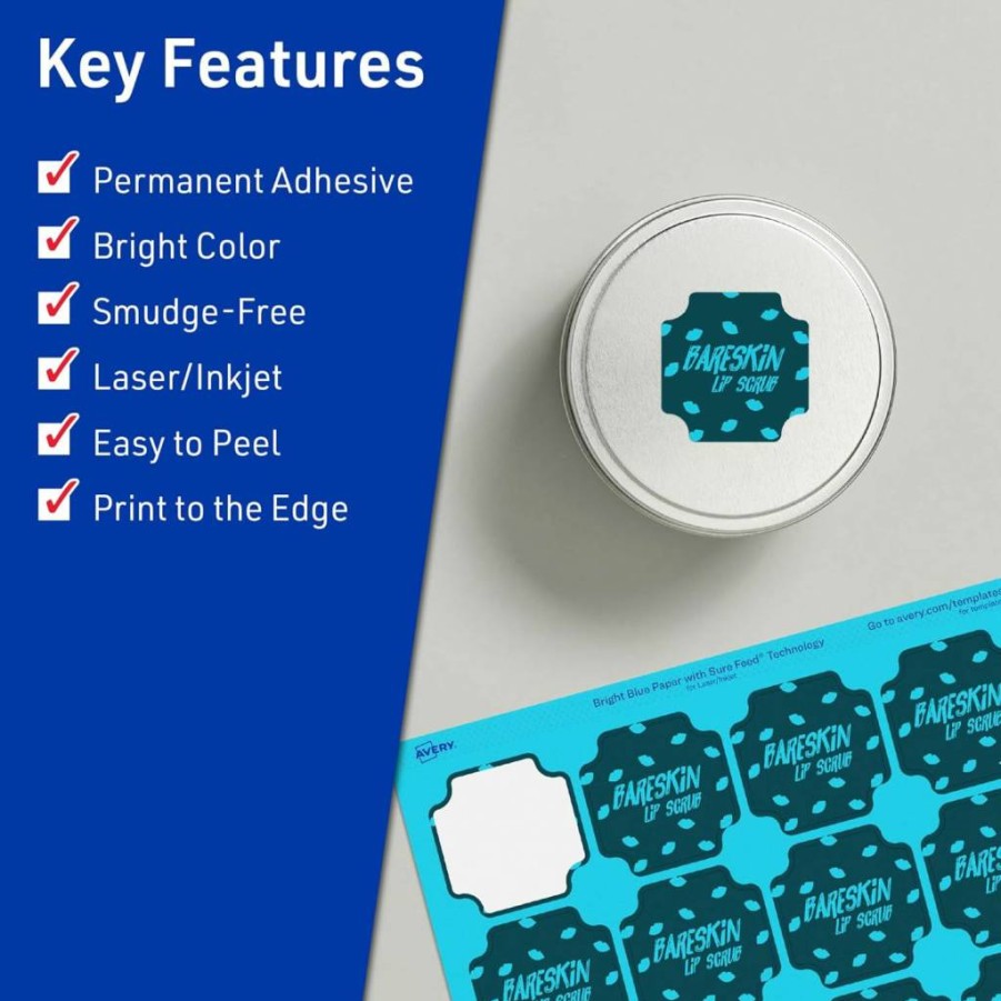 AVERY Bright Blue 1-5/8" Square Scalloped Labels - 200 Pack, Sure Feed for Laser/Inkjet, Print-to-Edge for Cosmetics & Jars, Printable Adhesive Stickers