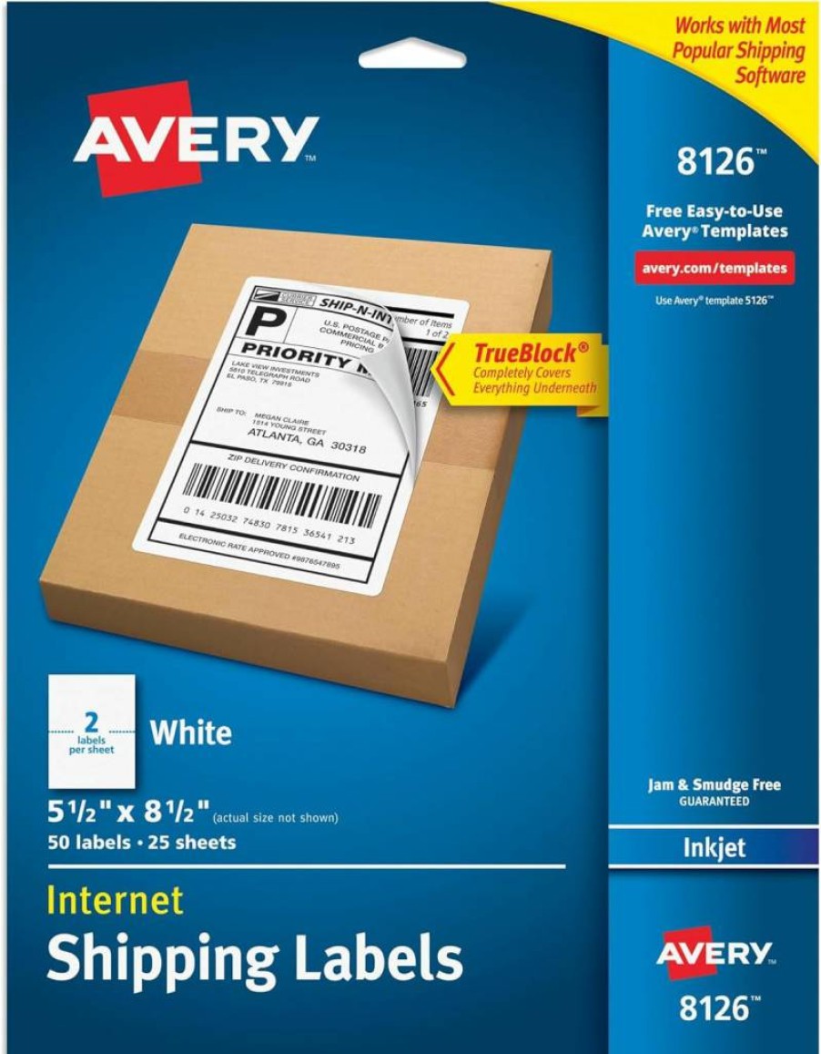 AVERY 8126 Half-Sheet Printable Shipping Labels, 5.5" x 8.5" White Customizable Mailing Stickers, Pack of 50 Blank Organizing Labels for Shipping, Mailing & More