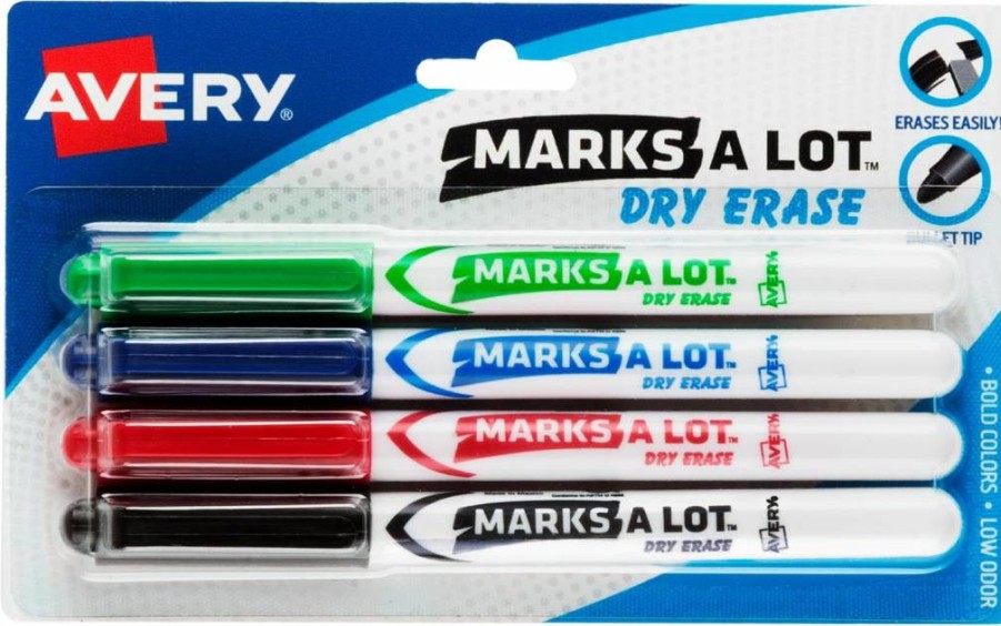 AVERY Dry Erase Markers 4-Pack, Low Odor Bullet Tip Whiteboard Markers, Assorted Colors (24459) for Classroom & Office Use
