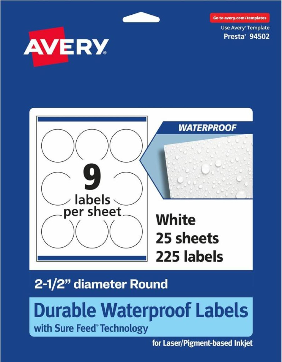 Avery Round Waterproof Labels 2.5" - 90 Pack, Sure Feed Technology, Tear & Oil Resistant, Laser/Inkjet Printable, Edge-to-Edge Printing, Durable Adhesive
