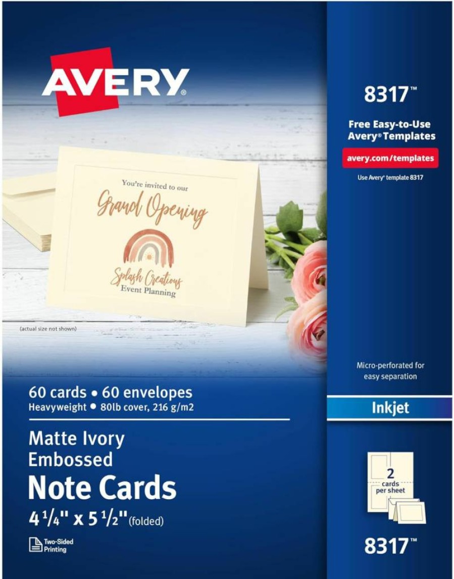 AVERY 08317 Printable Blank Note Cards with Envelopes, Ivory 4.25" x 5.5" Embossed Border, 60 Count for Inkjet Printers