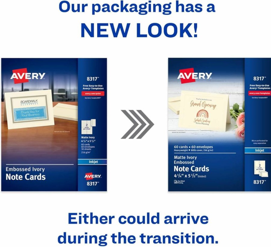 AVERY 08317 Printable Blank Note Cards with Envelopes, Ivory 4.25" x 5.5" Embossed Border, 60 Count for Inkjet Printers