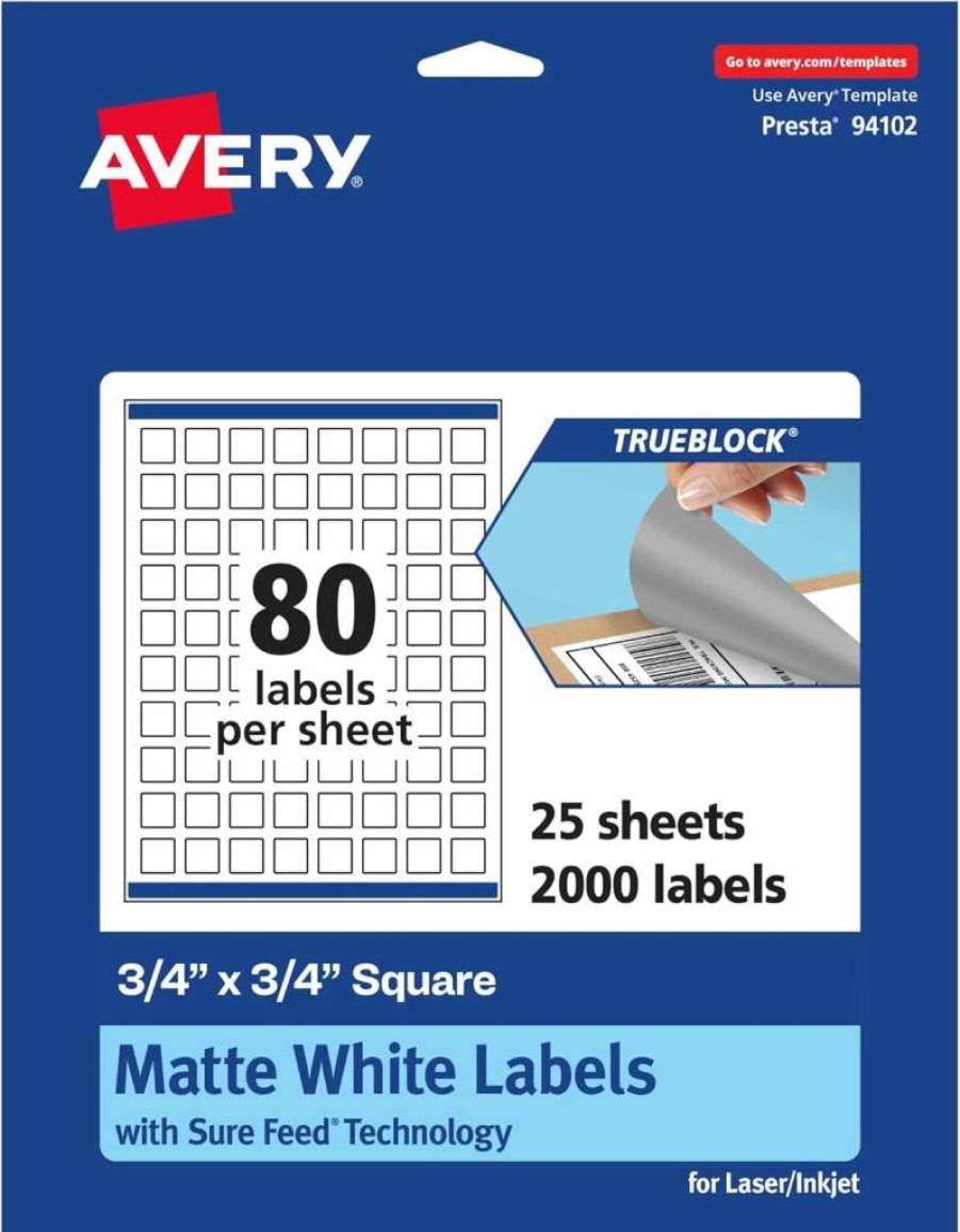 AVERY Trueblock Matte White Square Labels 0.75" x 0.75" - 800 Pack, Sure Feed Technology, Laser/Inkjet Printable, Print-To-The-Edge, Durable Product Merchandising Stickers