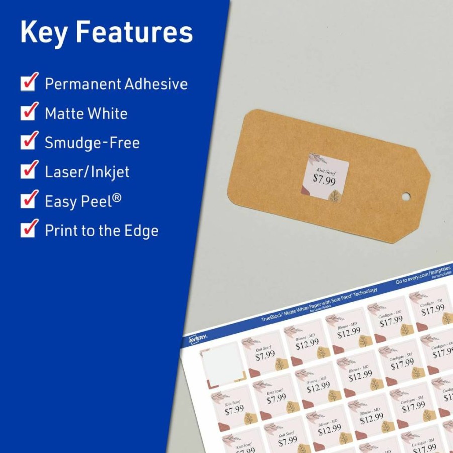 AVERY Trueblock Matte White Square Labels 0.75" x 0.75" - 800 Pack, Sure Feed Technology, Laser/Inkjet Printable, Print-To-The-Edge, Durable Product Merchandising Stickers