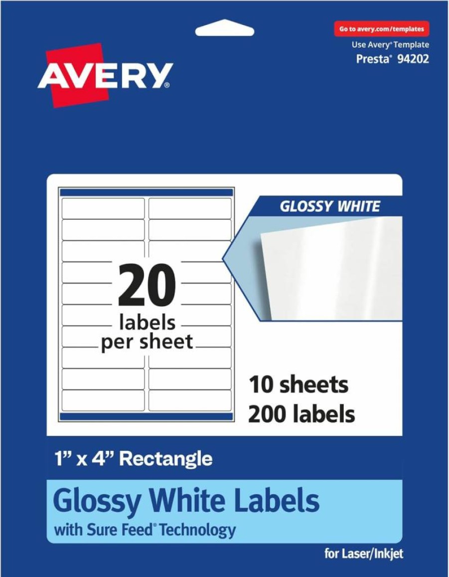 Avery 36451 Glossy White Rectangle Labels, 1" x 4", 200 Count, Sure Feed Technology for Laser/Inkjet Printers