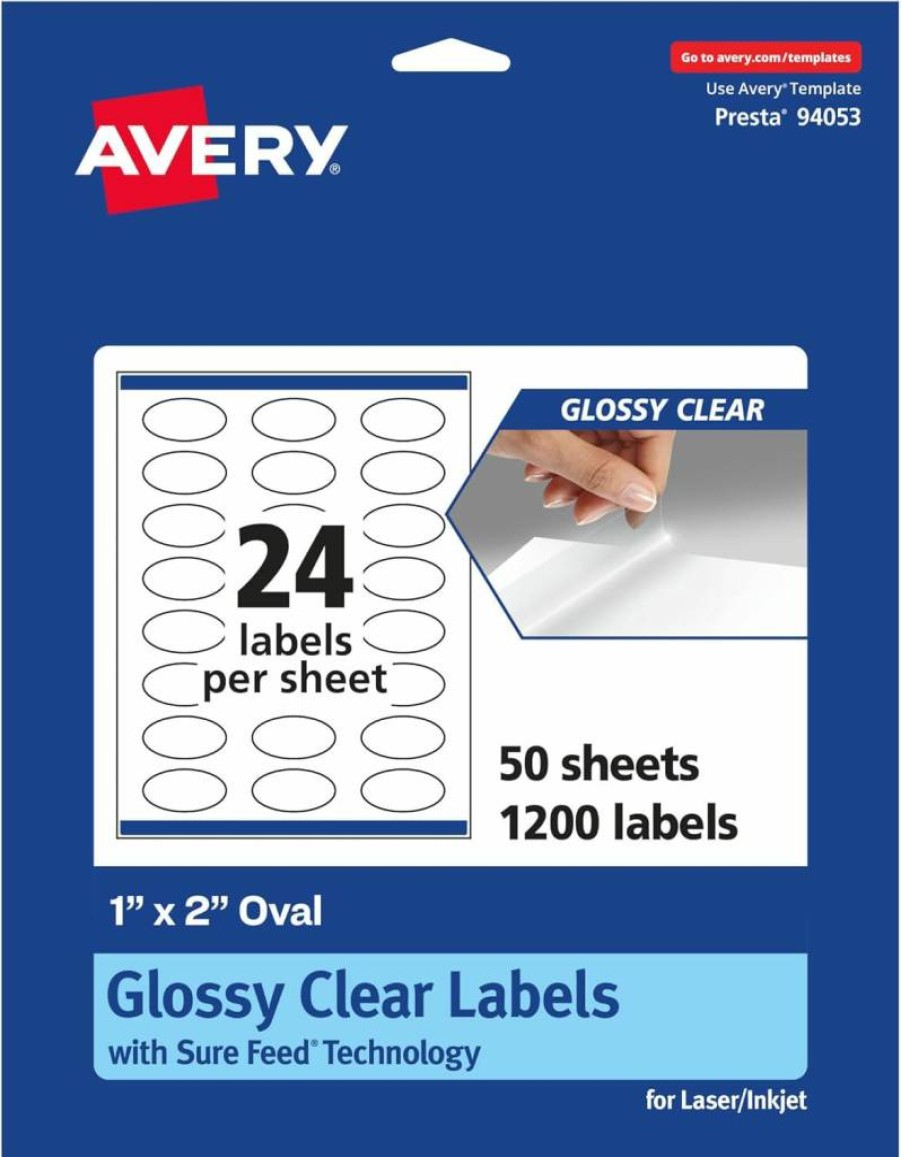 Avery Glossy Clear Oval Labels 1" x 2" - 240 Pack, Sure Feed for Laser/Inkjet Printers, Print-to-Edge Design, High-Quality Glossy Finish