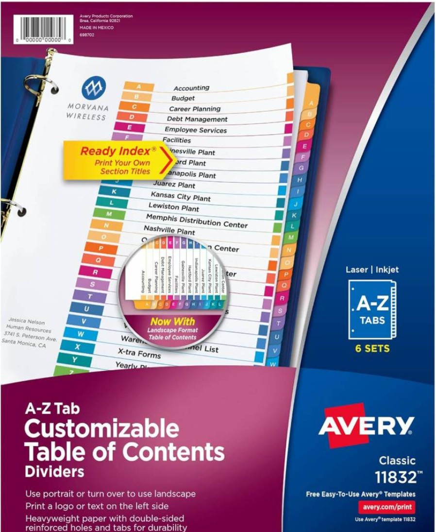 AVERY A-Z Tab Dividers for 3-Ring Binder, 12 Multicolor Sets with Customizable Table of Contents (11125)