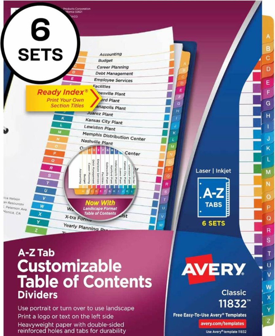 AVERY A-Z Tab Dividers for 3-Ring Binder, 12 Multicolor Sets with Customizable Table of Contents (11125)