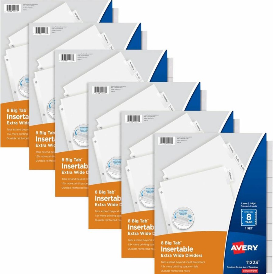 AVERY 11254 Big Tab Extra-Wide Insertable Clear Binder Dividers, 8-Tab Set for 3-Ring Binders, 6-Pack, White