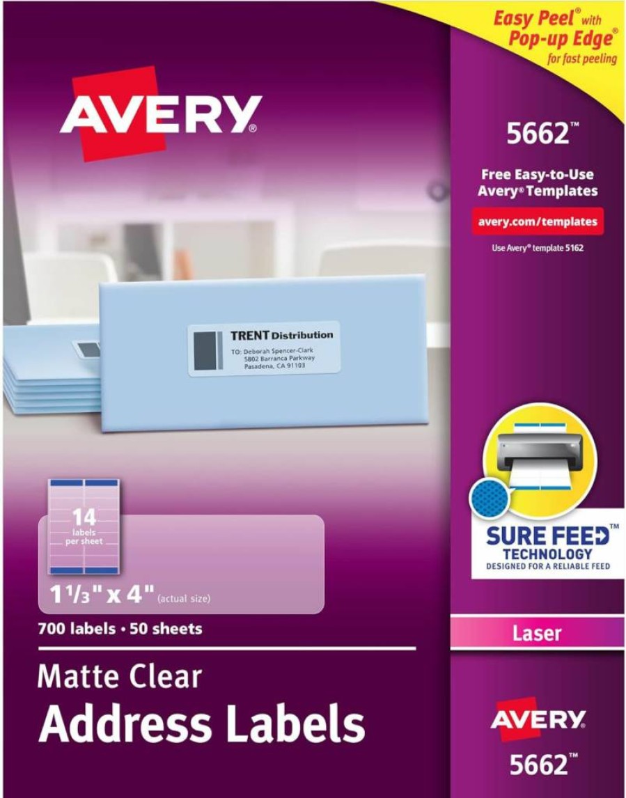 Avery 05662 Sure Feed Printable Address Labels, 1-1/3" x 4", Matte Clear, 700 Blank Mailing Labels for Laser/Inkjet Printers