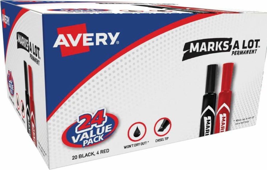 AVERY Marks-A-Lot Permanent Markers, Chisel Tip, 24 Pack Assorted Colors, Waterproof & Fade-Resistant, Office & School Supplies (98187)