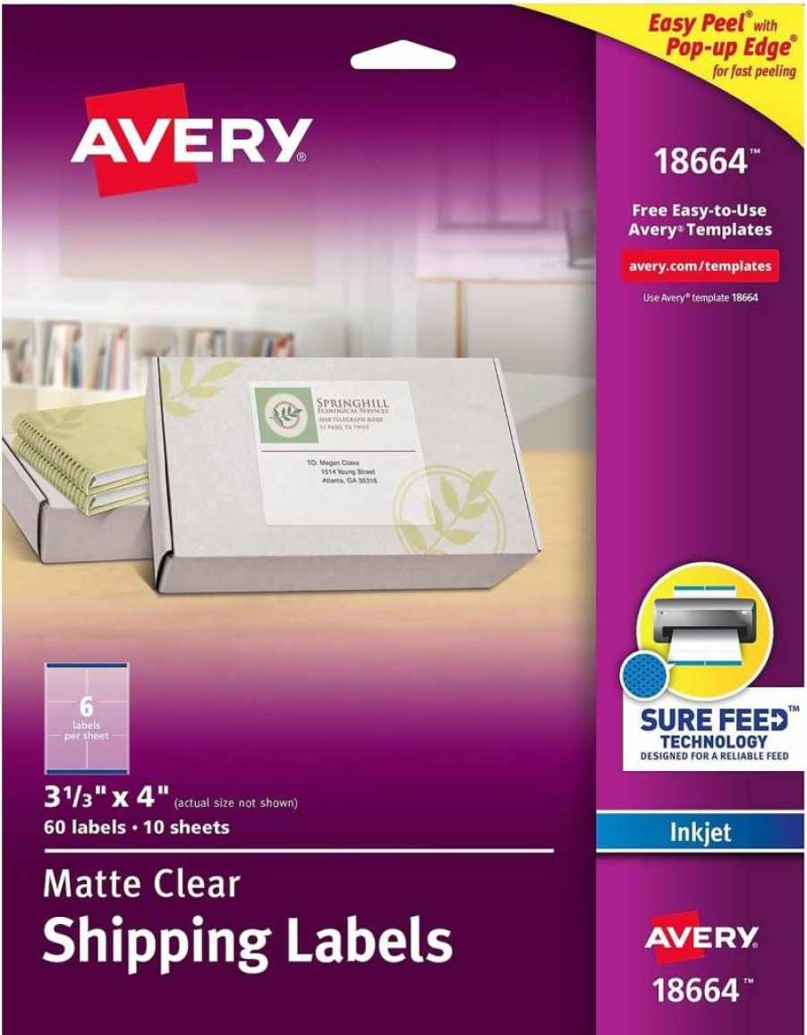 Avery 18664 Printable Shipping Labels, 3-1/3" x 4" Matte Clear Mailing Labels, 60 Blank Sure Feed Labels for Laser/Inkjet Printers