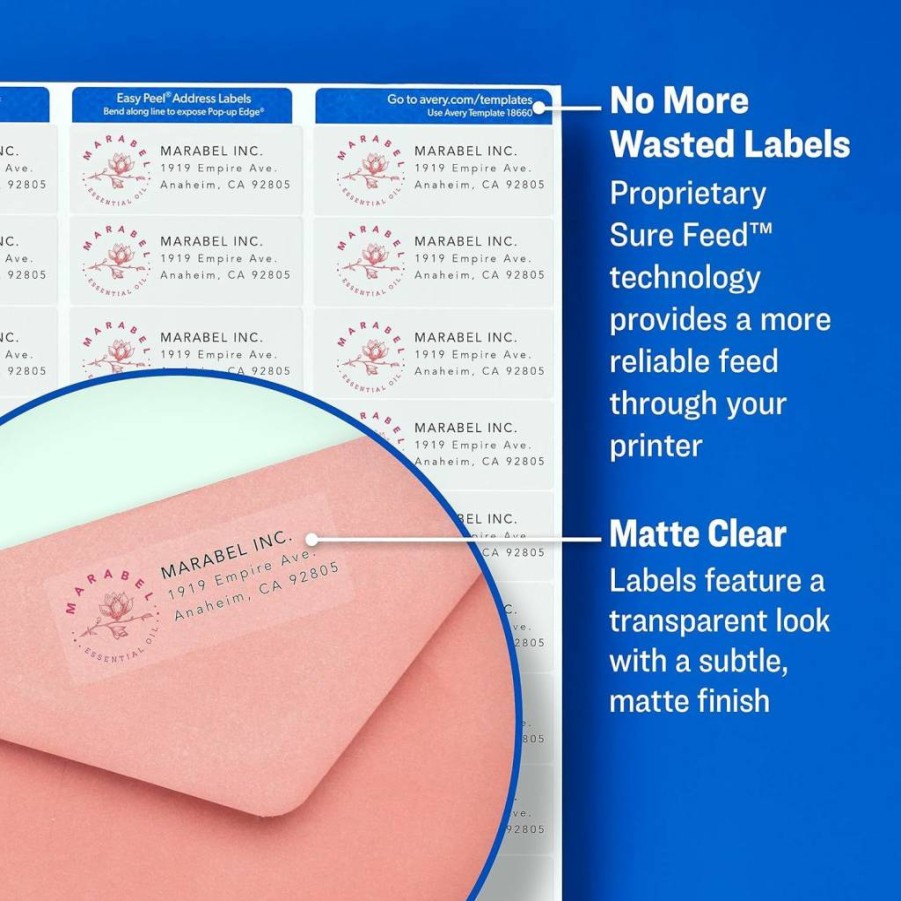 Avery 18664 Printable Shipping Labels, 3-1/3" x 4" Matte Clear Mailing Labels, 60 Blank Sure Feed Labels for Laser/Inkjet Printers