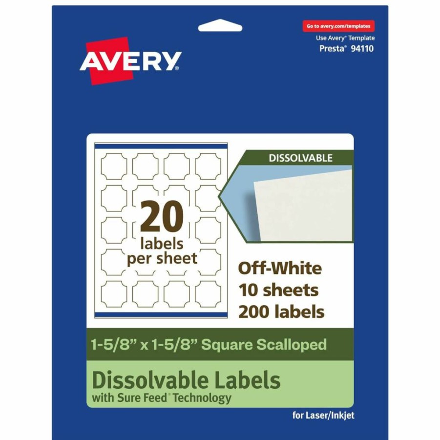 AVERY Dissolvable Square Scalloped Labels 1-5/8" x 1-5/8", Matte White, 100-Pack, Print-To-The-Edge, Laser/Inkjet Compatible, Sure Feed Technology