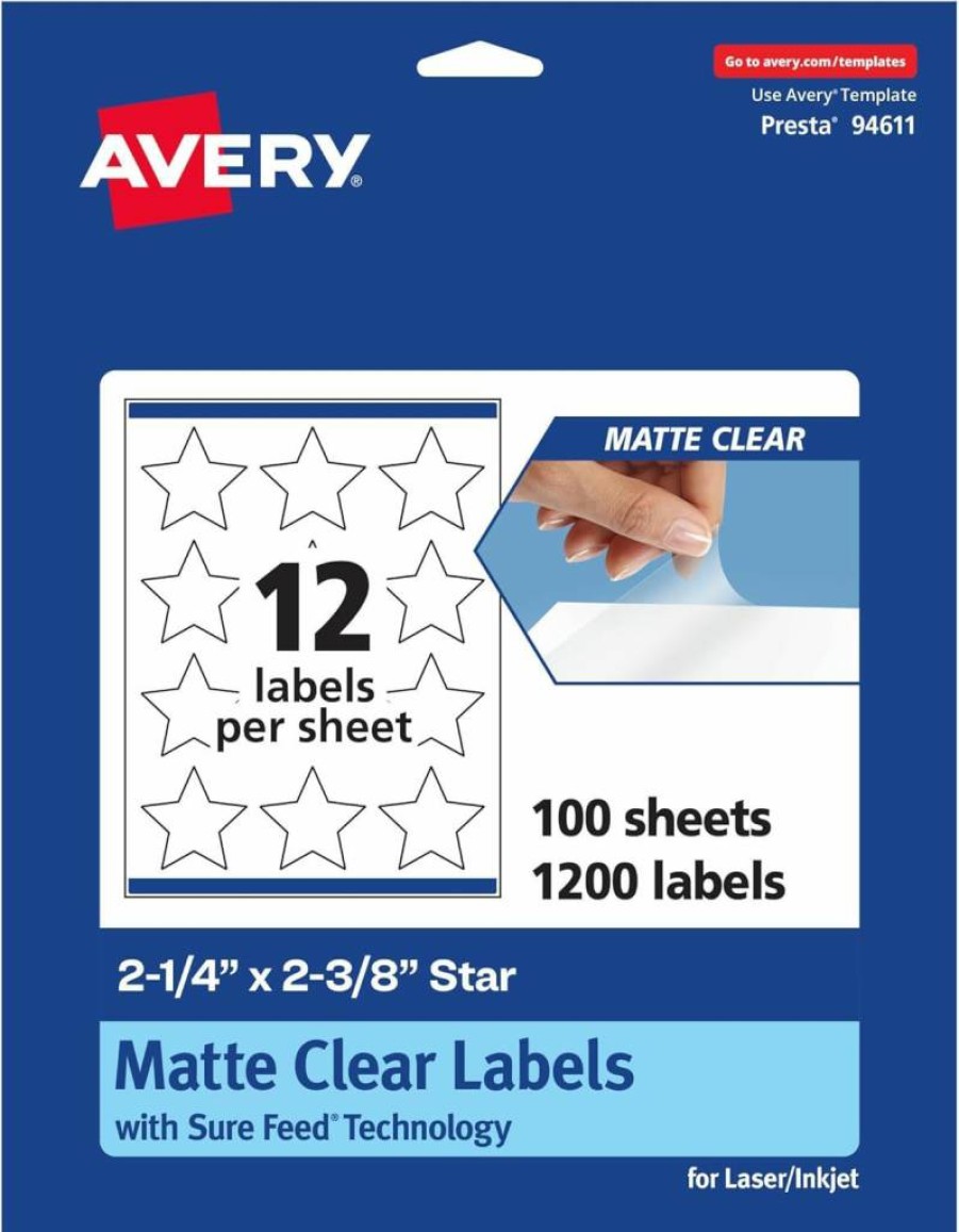 Avery Matte Clear Star Labels - 2-1/4" x 2-3/8" Sure Feed, 300-Pack, Print-to-Edge for Laser/Inkjet Printers