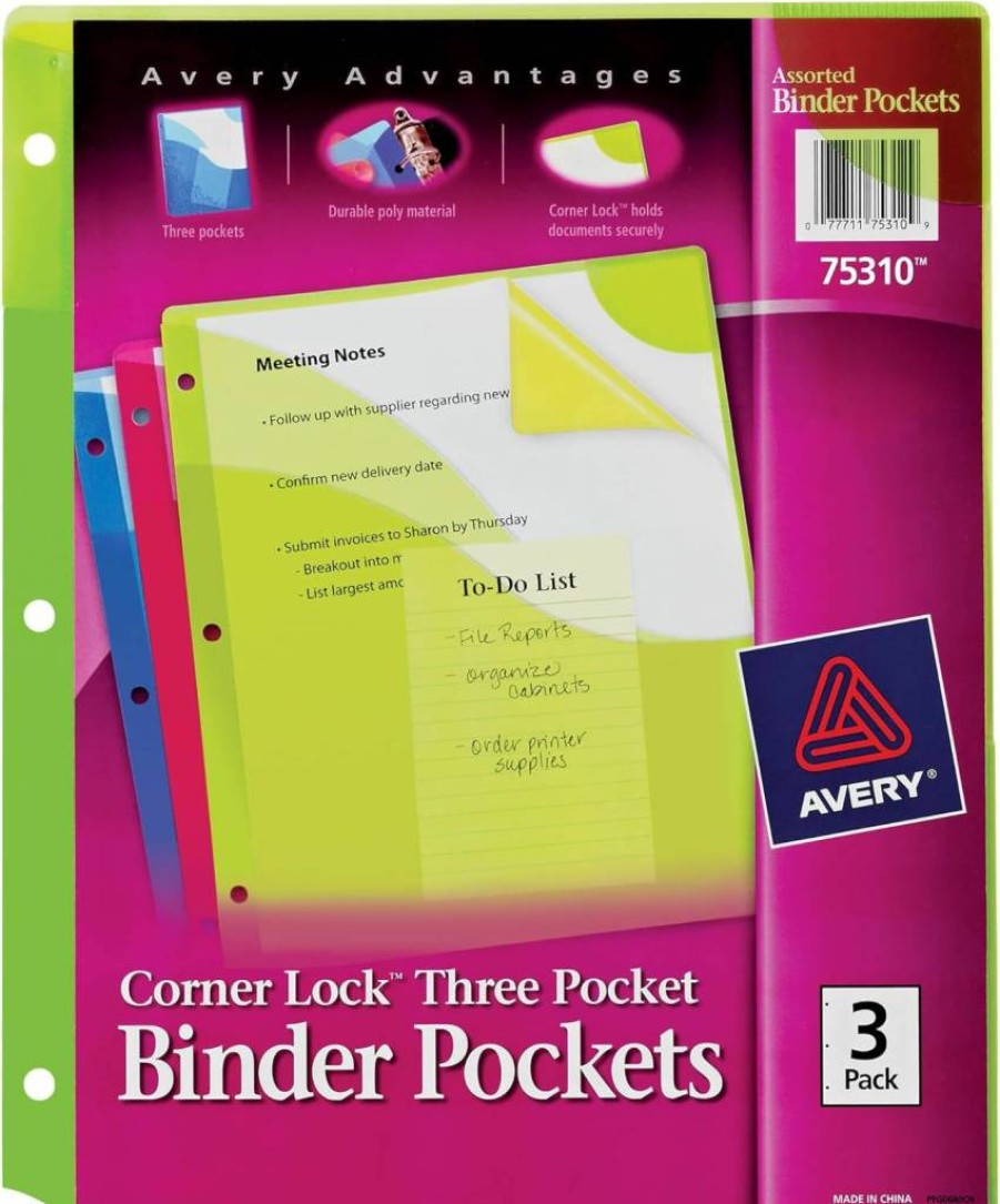 Avery 3-Ring Binder Pockets, Acid-Free & Archival-Safe, 8.5" x 11" Assorted Color Folders, 3-Pack (75310)