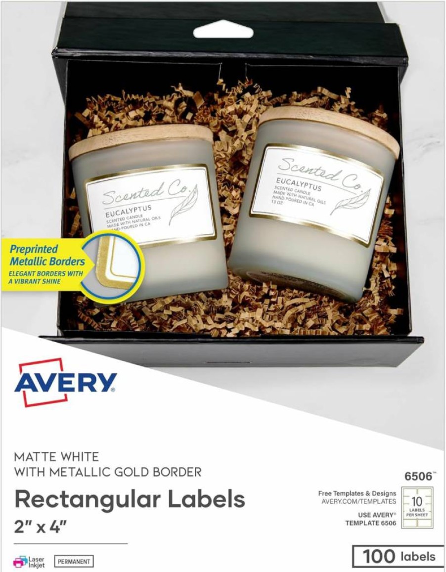AVERY 6506 Matte White Printable Labels, 2" x 4" Rectangle Shipping Labels with Metallic Gold Border, Permanent Adhesive, Laser/Inkjet Compatible, 100 Pack