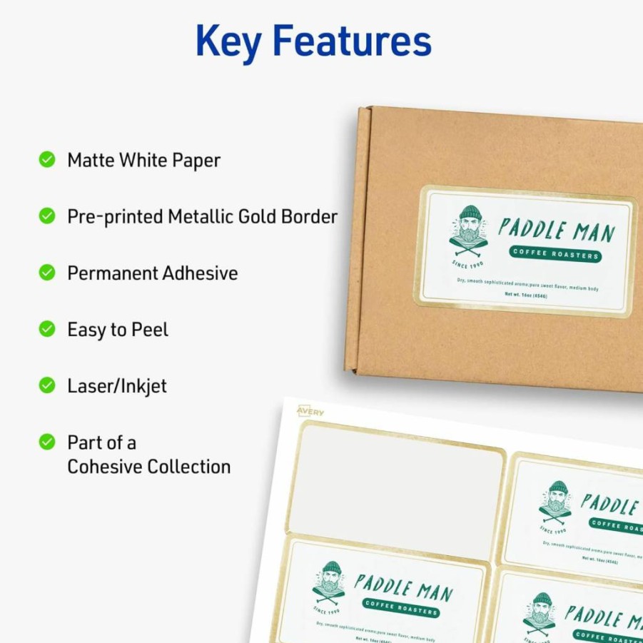 AVERY 6506 Matte White Printable Labels, 2" x 4" Rectangle Shipping Labels with Metallic Gold Border, Permanent Adhesive, Laser/Inkjet Compatible, 100 Pack