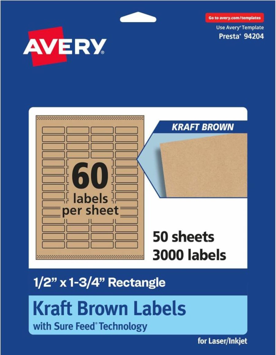 Avery Kraft Brown Rectangle Labels 0.5" x 1.75" - 1,500 Pack, Sure Feed Technology, Print-To-The-Edge for Laser/Inkjet Printers