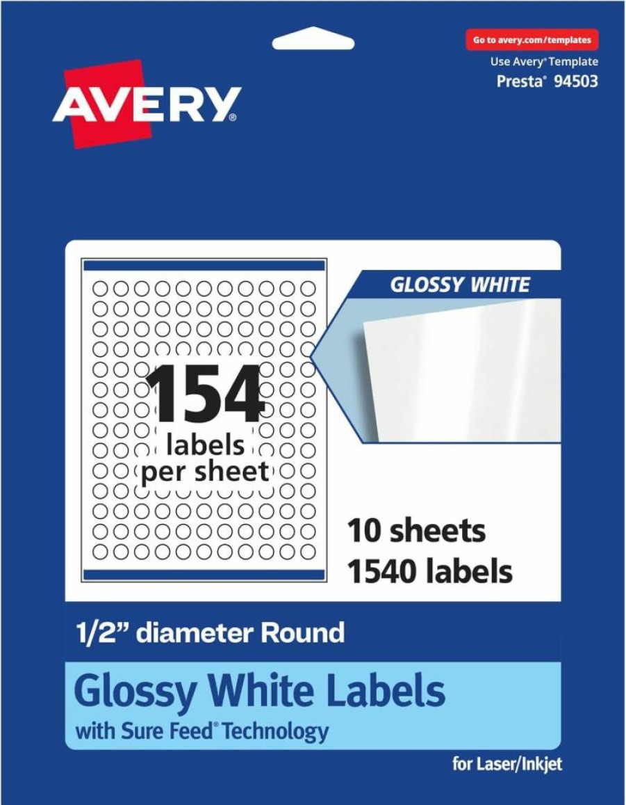 Avery Round Labels 1/2" Diameter - 1,540 Glossy White Permanent Adhesive Labels, Sure Feed Technology, Print-To-The-Edge for Laser/Inkjet Printers