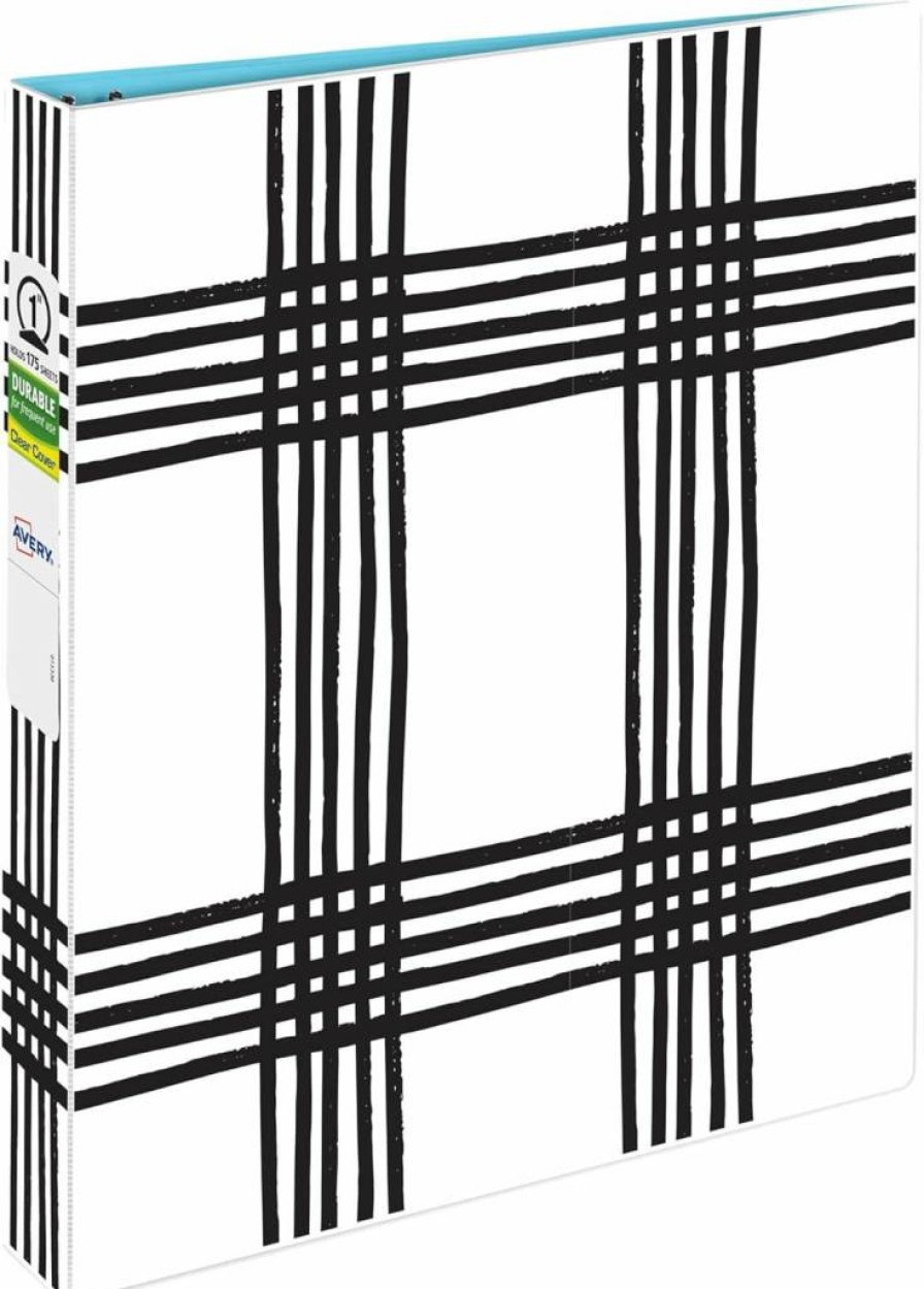 AVERY 1 Inch 3-Ring Binder with Round Rings, Durable Black and White Plaid Fashion Binder (26742) for School or Office