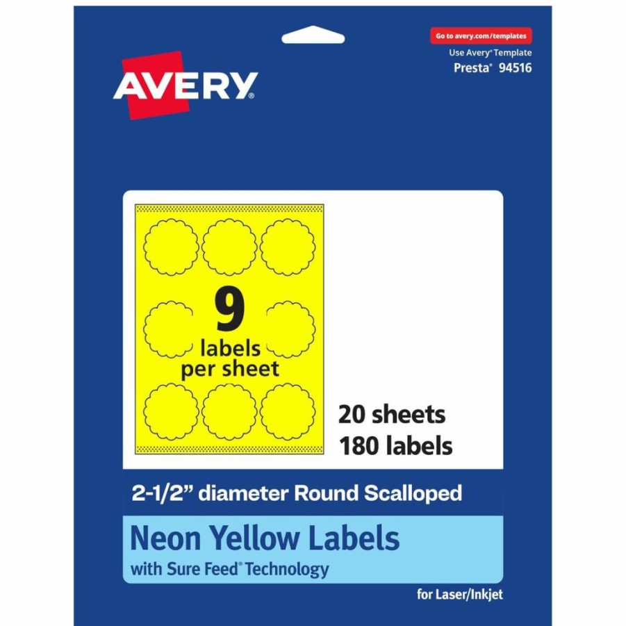 Avery Neon Yellow Printable Round Scalloped Labels, 2-1/2" Diameter, 90-Pack, Sure Feed Technology, Laser/Inkjet Compatible, Print-To-The-Edge Design for Mailing Seals & Candles