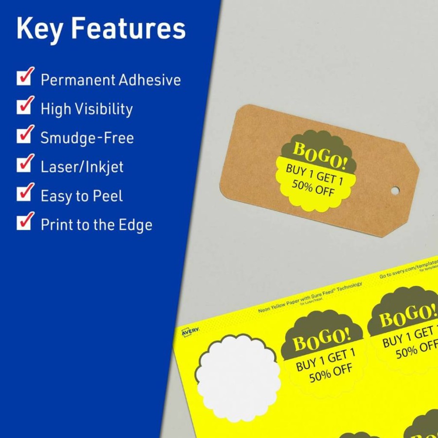 Avery Neon Yellow Printable Round Scalloped Labels, 2-1/2" Diameter, 90-Pack, Sure Feed Technology, Laser/Inkjet Compatible, Print-To-The-Edge Design for Mailing Seals & Candles