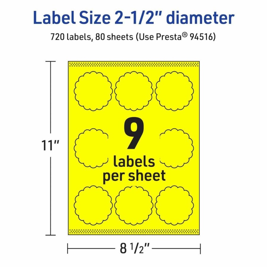 Avery Neon Yellow Printable Round Scalloped Labels, 2-1/2" Diameter, 90-Pack, Sure Feed Technology, Laser/Inkjet Compatible, Print-To-The-Edge Design for Mailing Seals & Candles