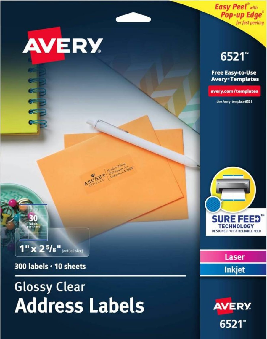 Avery 6521 Glossy Clear Printable Address Labels, 1" x 2-5/8", 300 Blank Mailing Labels for Laser & Inkjet Printers, Sure Feed Technology