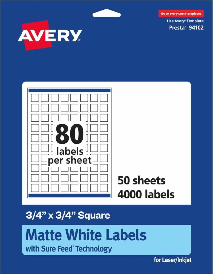 Avery Matte White Square Labels 3/4" x 3/4" - 2,000 Printable Labels with Sure Feed Technology for Laser/Inkjet Printers