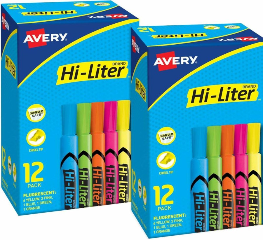 AVERY Chisel Tip Highlighters, 12 Assorted Color Markers, 2 Pack (25601), Desk-Style Hi-Liter for Office & School Supplies