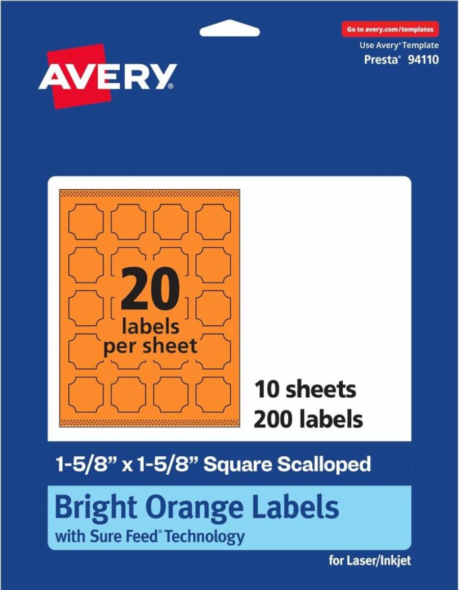 Avery Bright Orange Printable Scalloped Labels 1-5/8" x 1-5/8" - 200 Pack, Sure Feed Technology, Laser/Inkjet Compatible, Print-To-The-Edge for Cosmetics & Jars