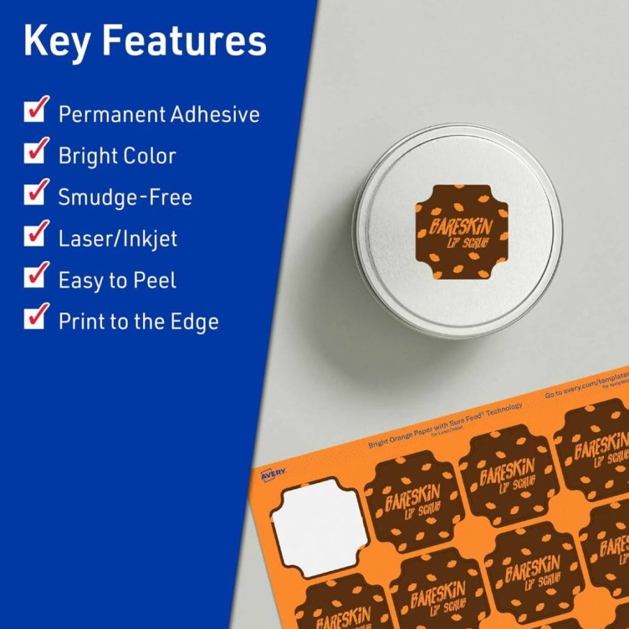 Avery Bright Orange Printable Scalloped Labels 1-5/8" x 1-5/8" - 200 Pack, Sure Feed Technology, Laser/Inkjet Compatible, Print-To-The-Edge for Cosmetics & Jars
