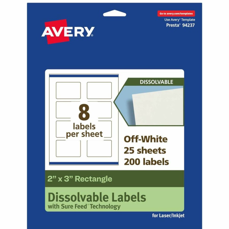 AVERY 2" x 3" Matte White Dissolvable Labels with Sure Feed Technology, Print-To-The-Edge, Laser/Inkjet Printable, 200-Pack