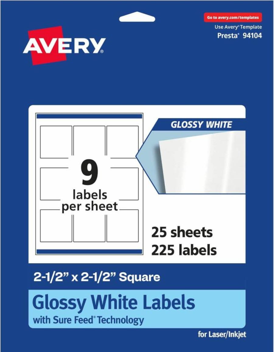 Avery Glossy White 2.5" x 2.5" Square Labels, 90-Pack, Permanent Adhesive, Laser/Inkjet Printable, Sure Feed Technology
